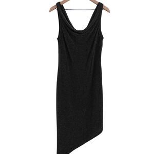 JS Boutique Sz 12 Black Silver Glitter Cowl Neck asymmetrical Hem Midi Dress